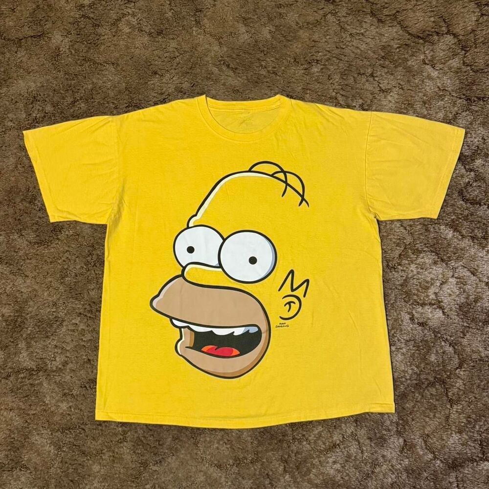 Y2K Homer Simpson Big Face Graphic Tee Yellow The Simpsons Cartoon TV Shirt XL